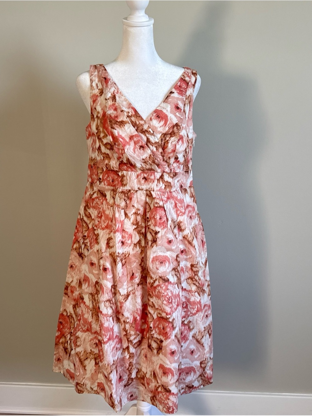 Lands End Faux Wrap Pink Brown Floral V-Neck Sleeveless Midi Dress 100% Cotton